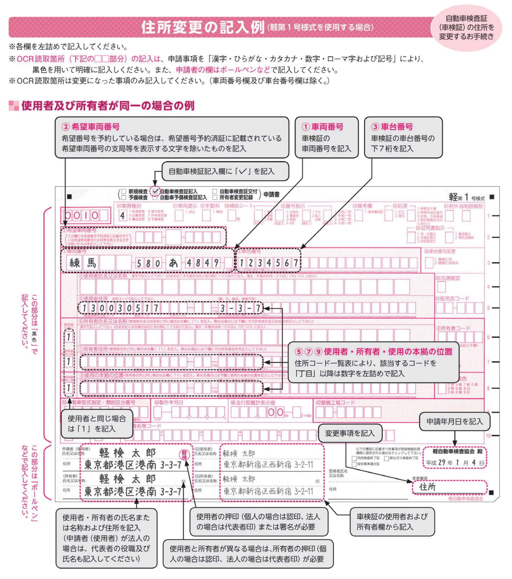 軽自動車の住所変更のOCR申請書の記載例